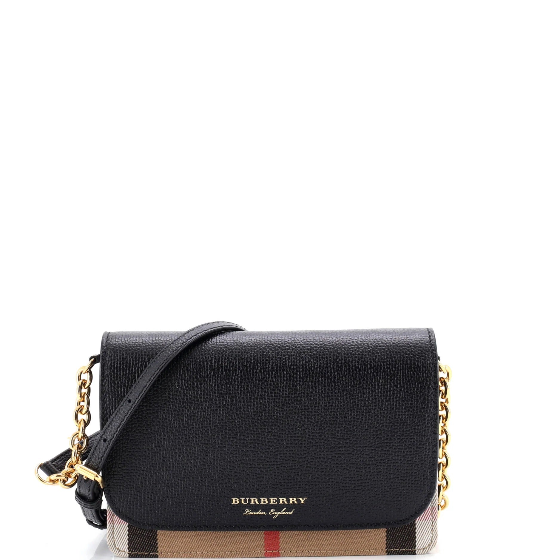 Pre-owned Burberry Hampshire Wallet on Chain Leather and House Check Canvas