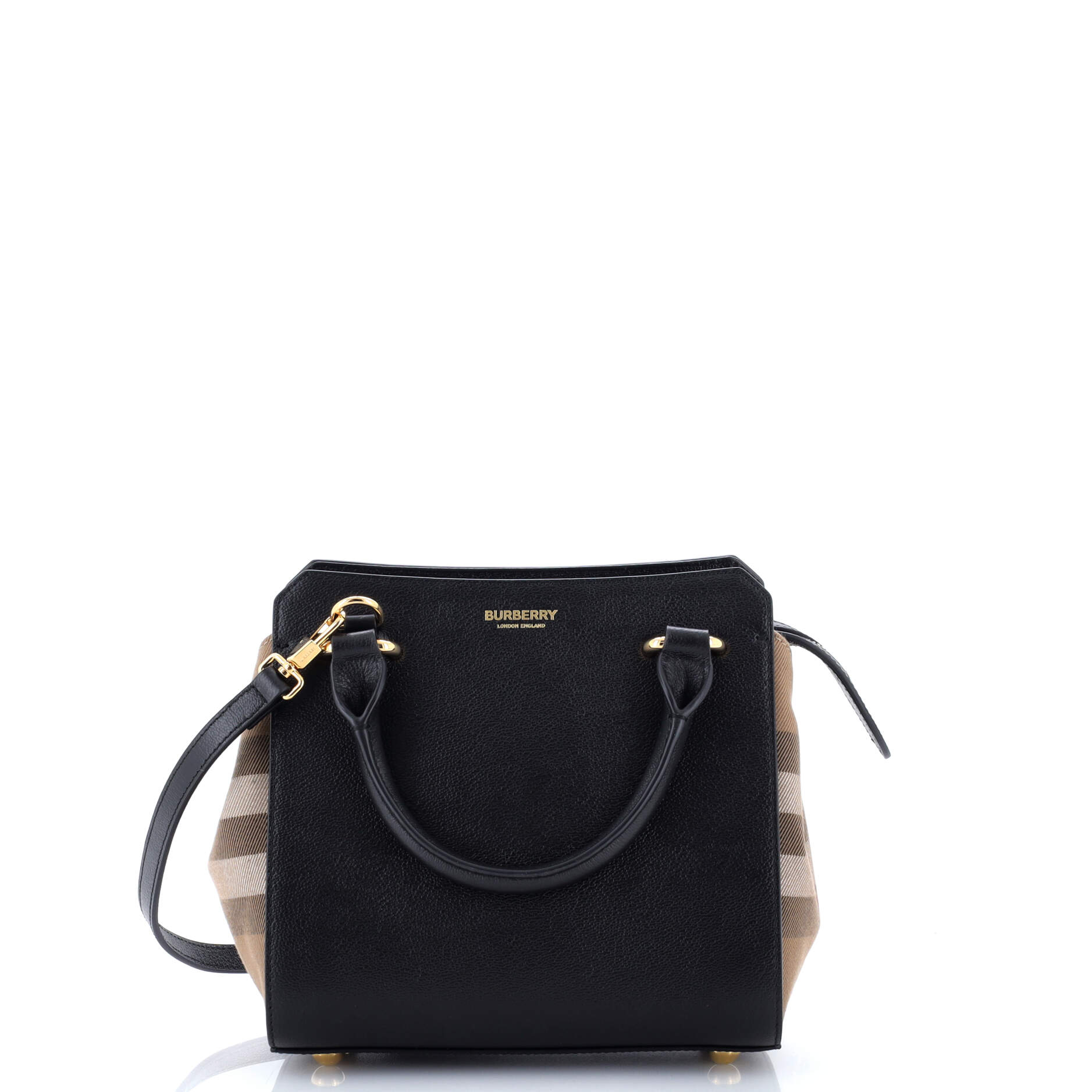 Pre Owned Burberry Banwell Tote Leather and House Check Canvas Mini