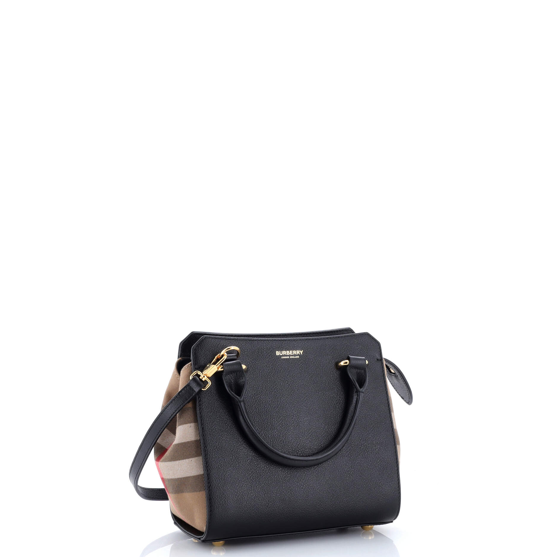 Pre Owned Burberry Banwell Tote Leather and House Check Canvas Mini