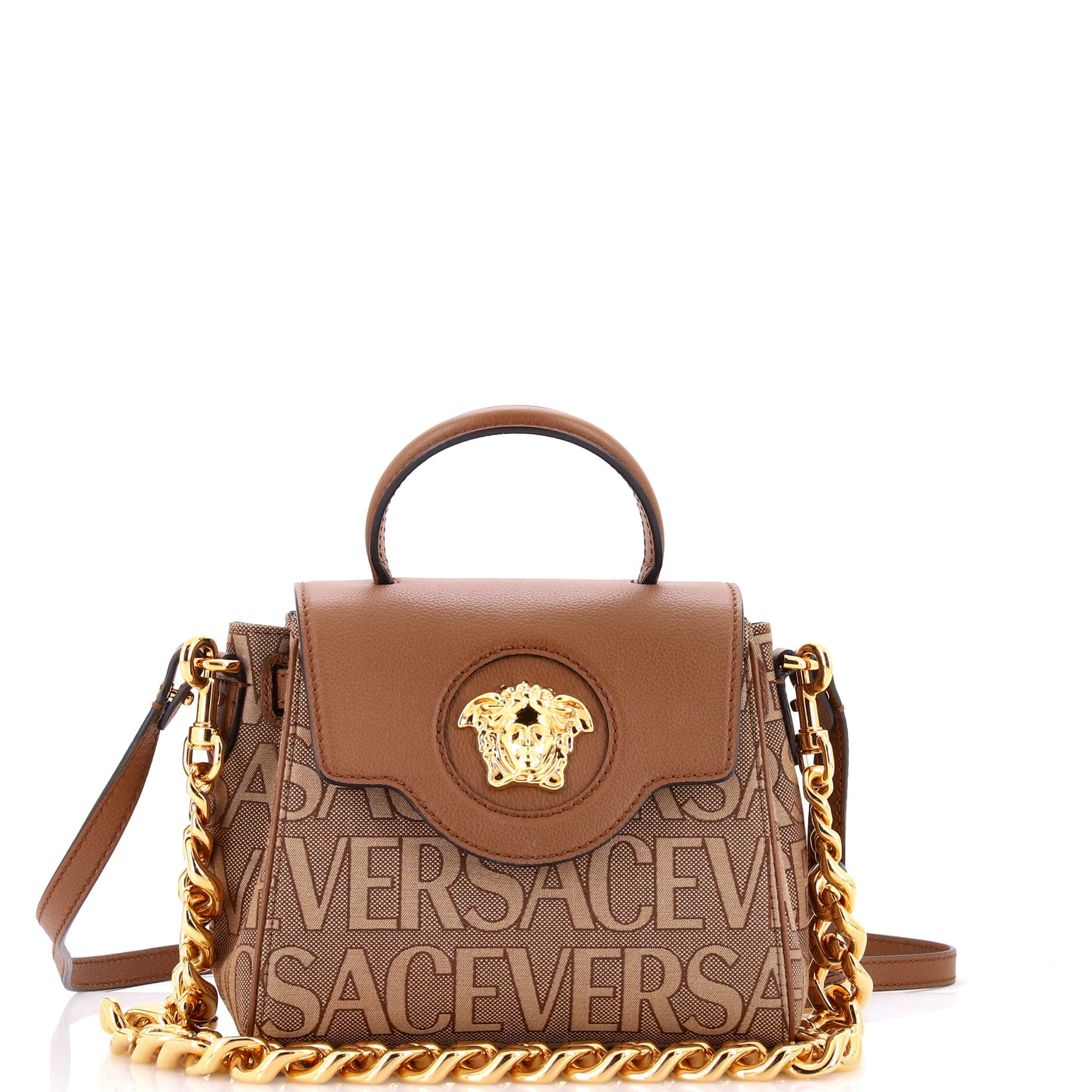 Pre Owned Versace La Medusa Top Handle Bag Printed Canvas and Leather Small