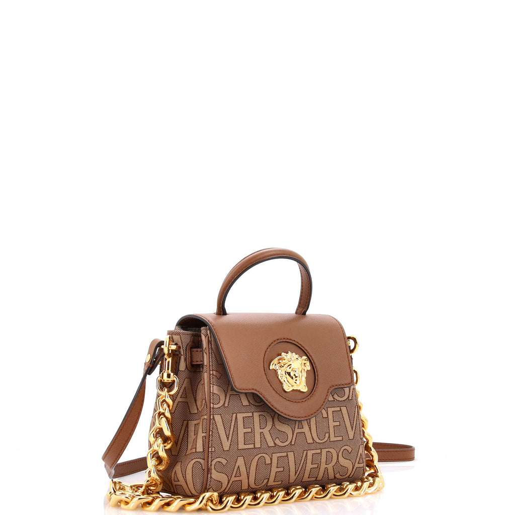 Pre Owned Versace La Medusa Top Handle Bag Printed Canvas and Leather Small