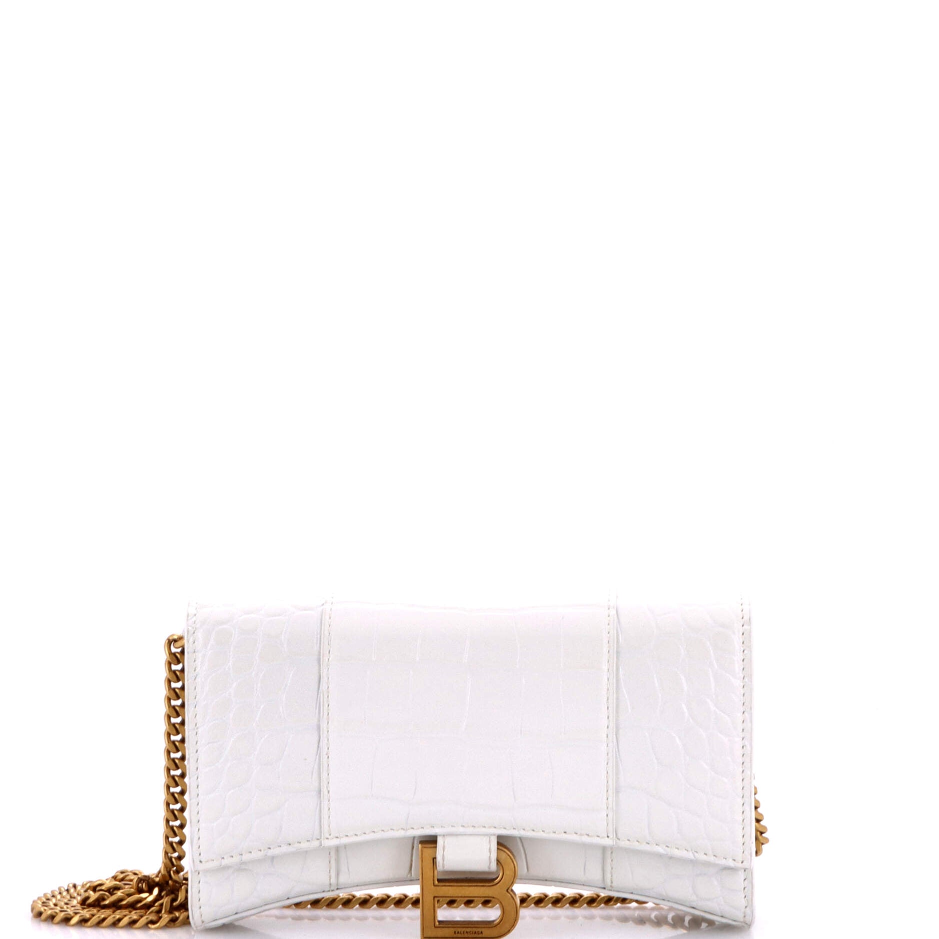 Pre Owned Balenciaga Hourglass Chain Wallet Crocodile Embossed Leather