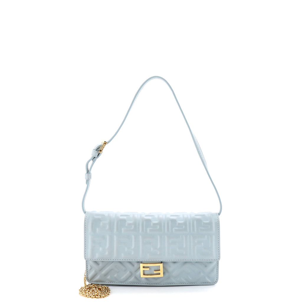 Pre Owned Fendi Baguette Wallet on Chain Zucca Embossed Leather