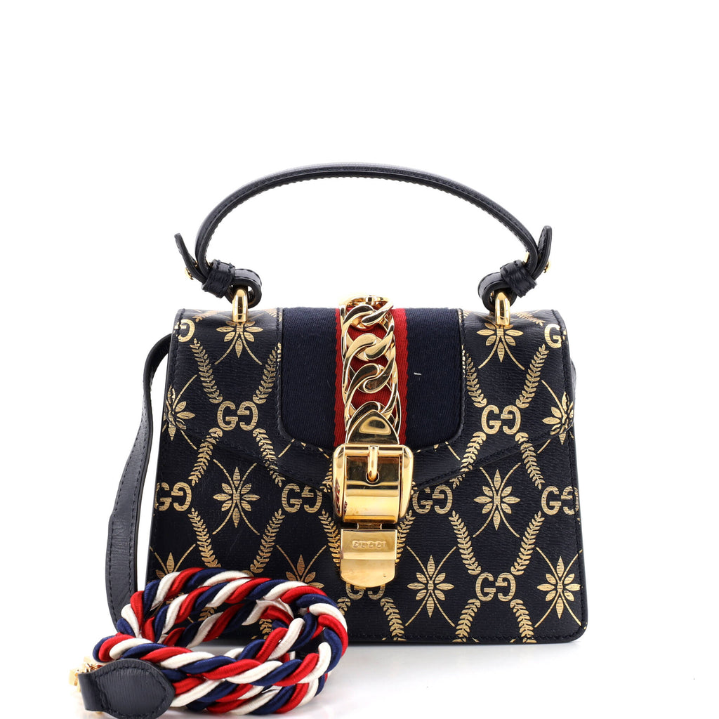 Pre Owned Gucci Sylvie Top Handle Bag Printed Leather Mini