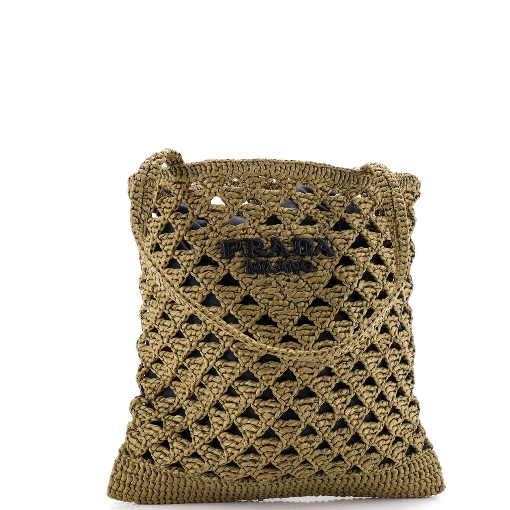 Pre Owned Prada Triangle Logo Tote Raffia Crochet Small