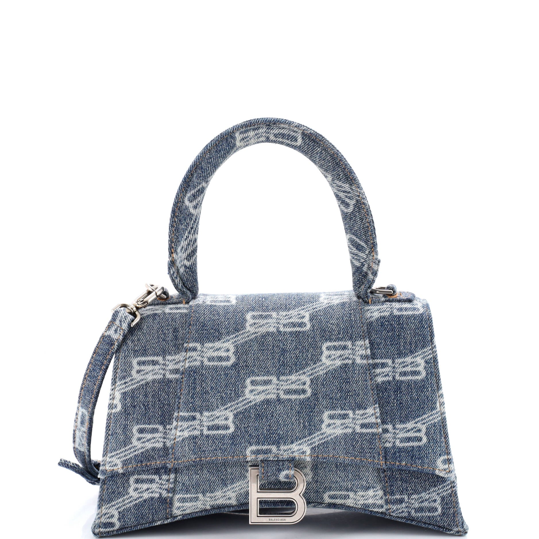 Pre Owned Balenciaga Hourglass Top Handle Bag Denim Small