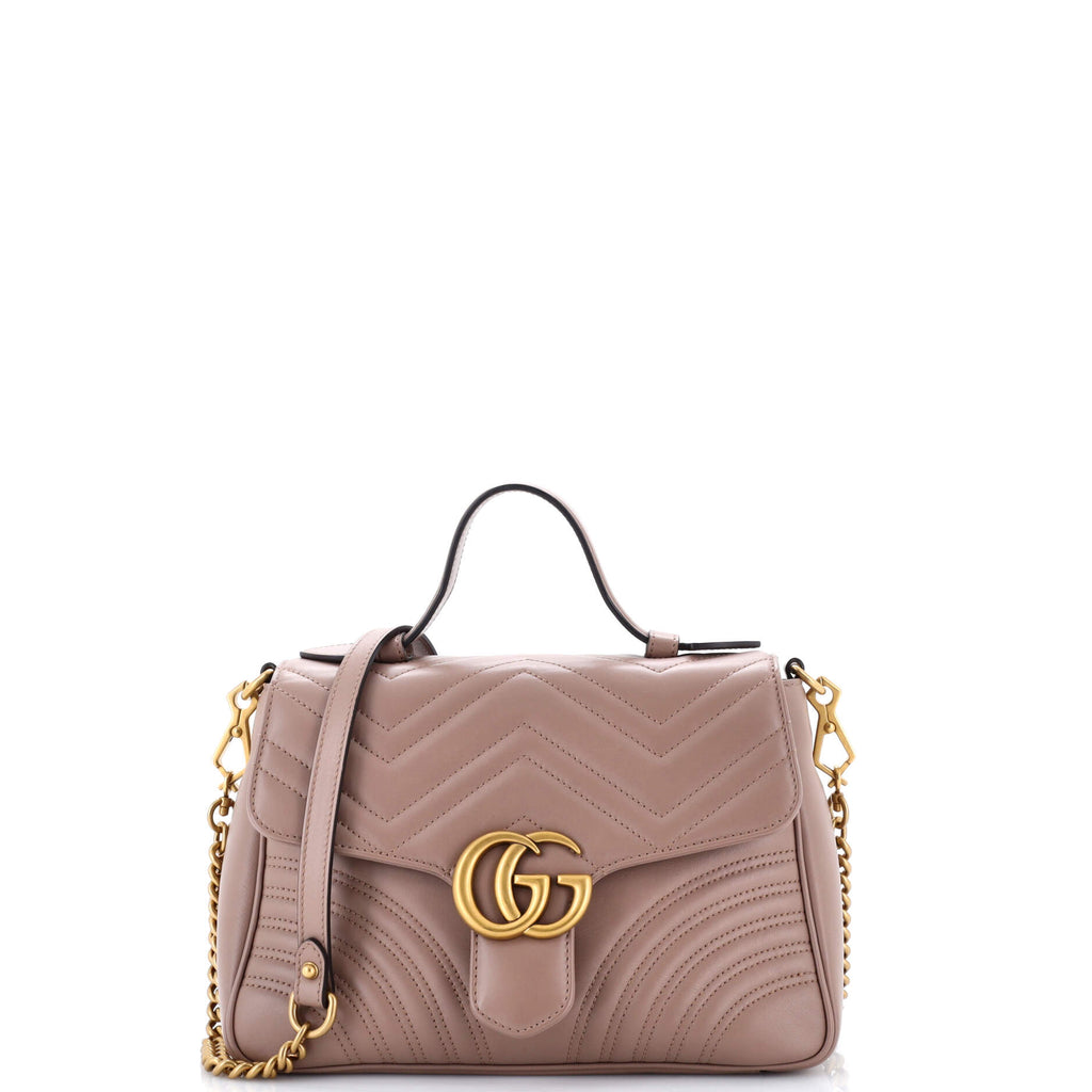 Pre Owned Gucci GG Marmont Top Handle Flap Bag Matelasse Leather Small