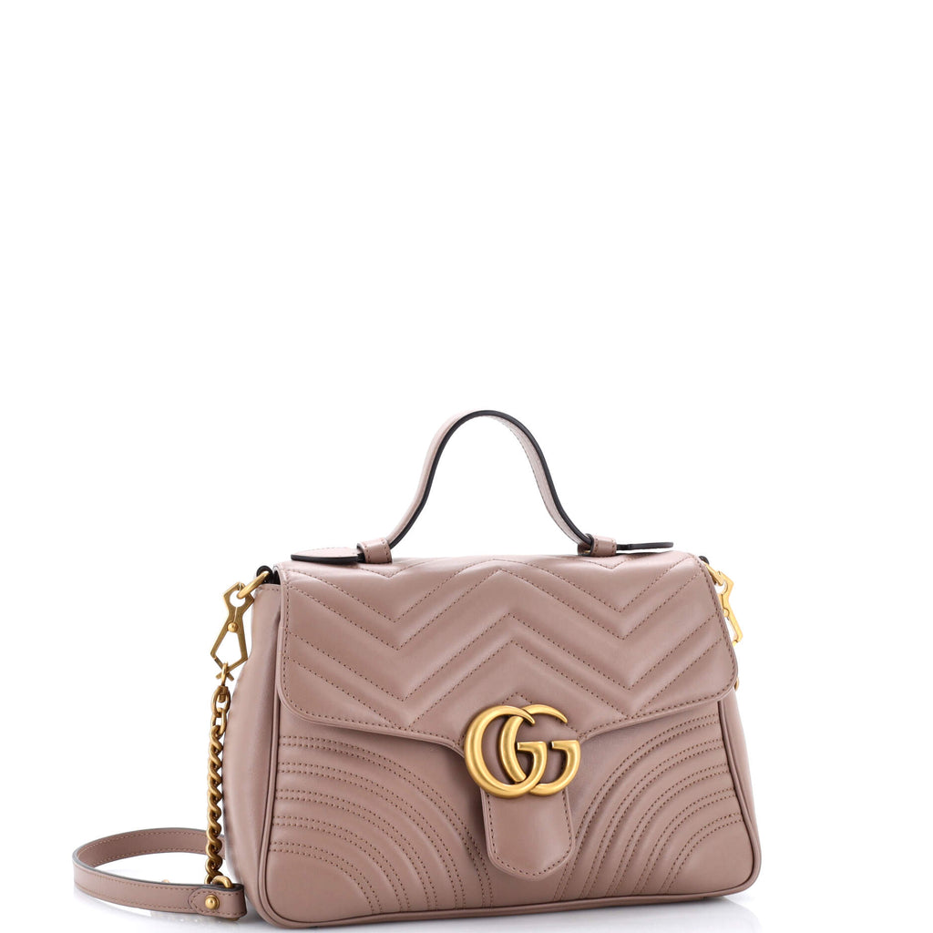 Pre Owned Gucci GG Marmont Top Handle Flap Bag Matelasse Leather Small