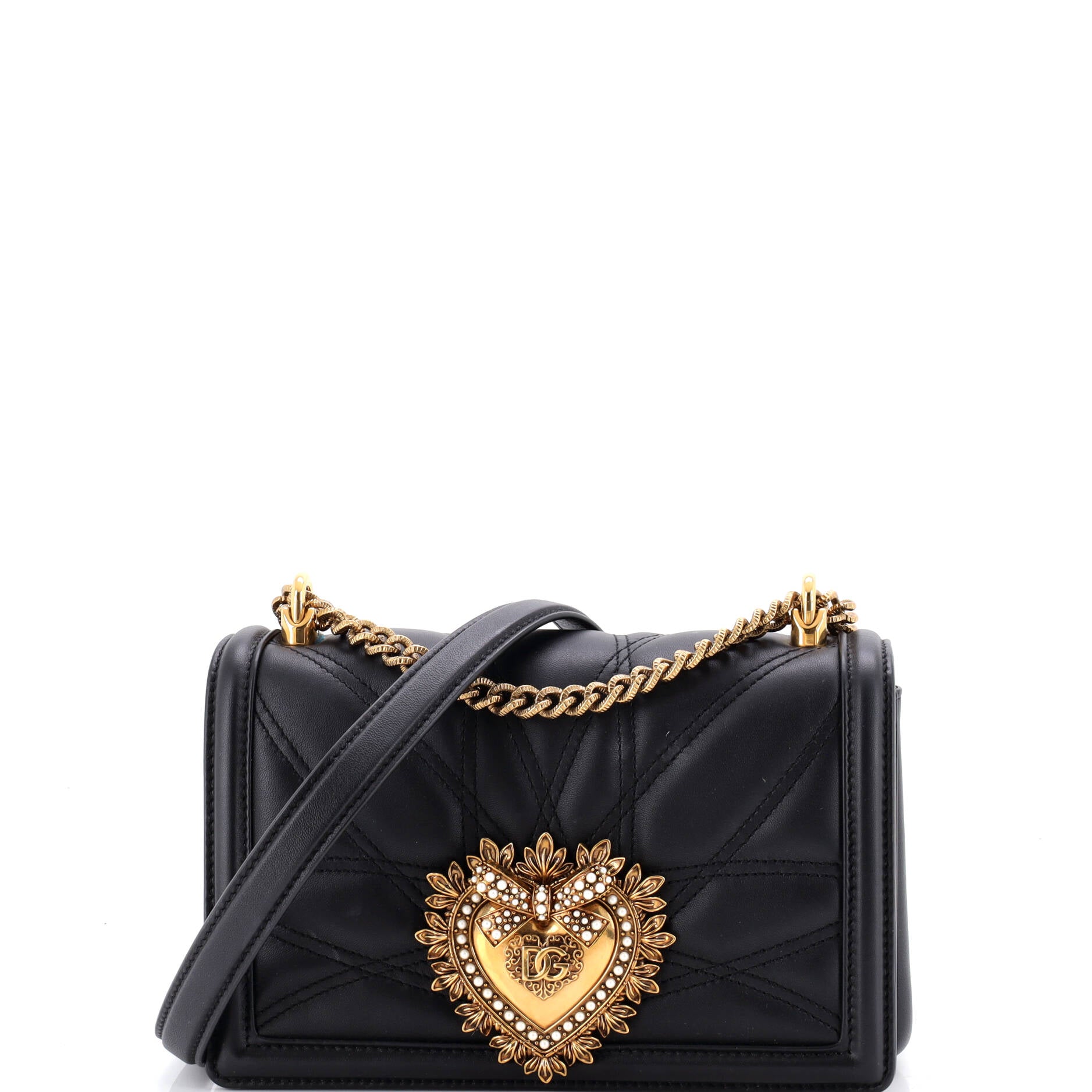 Pre Owned Dolce & Gabbana Devotion Full Flap Shoulder Bag Quilted Leather Small