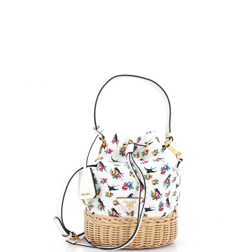 Pre Owned Prada Drawstring Bucket Bag Printed Canvas and Wicker Small