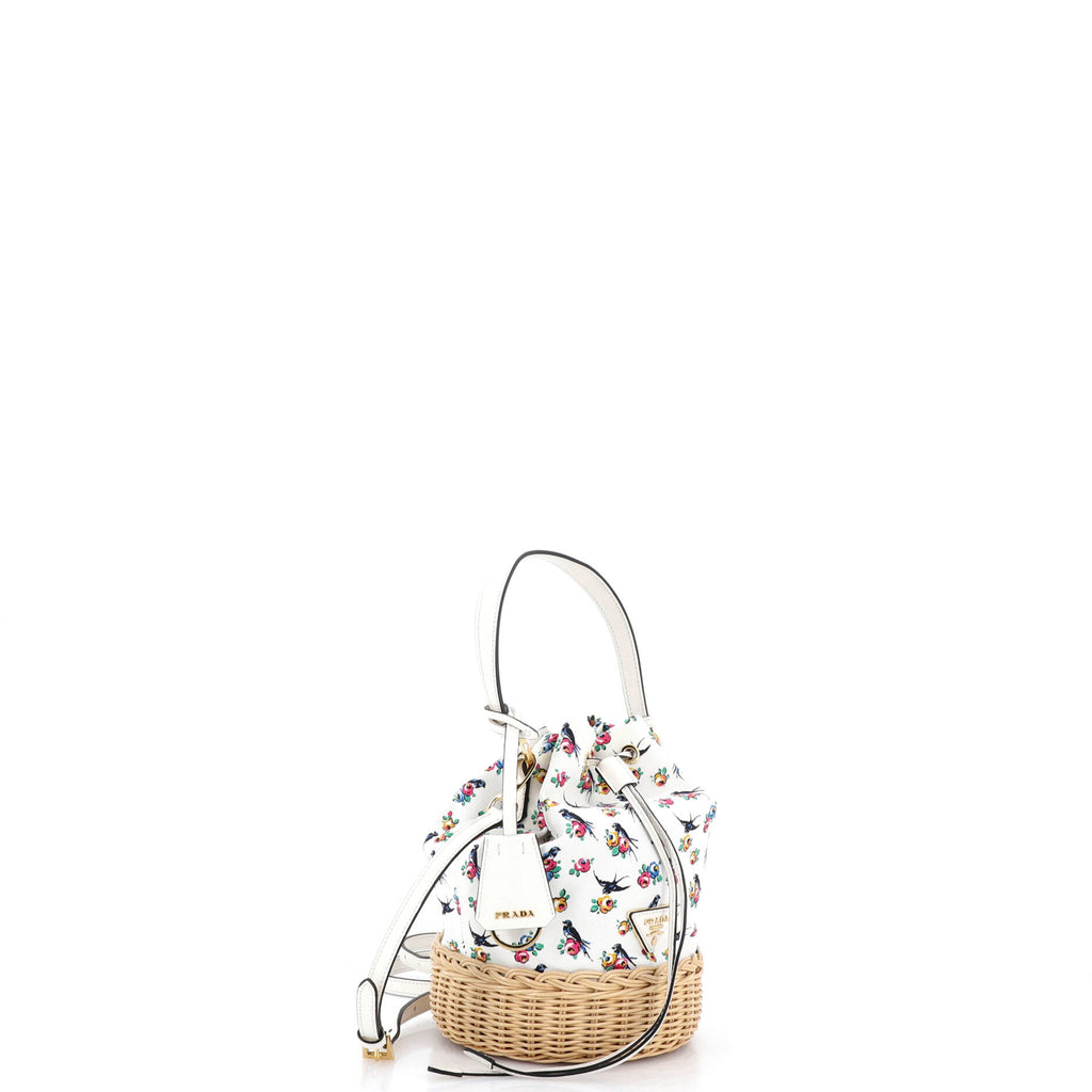 Pre Owned Prada Drawstring Bucket Bag Printed Canvas and Wicker Small