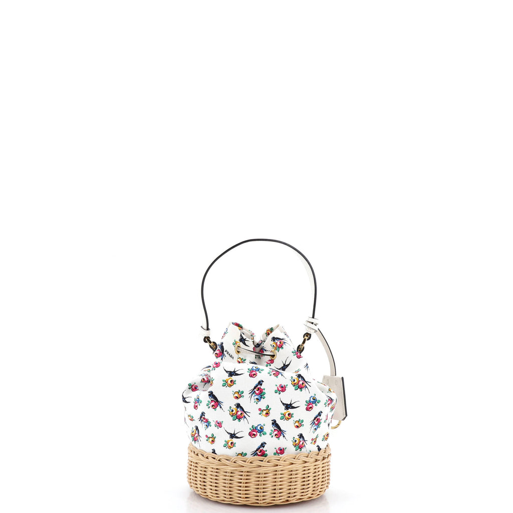 Pre Owned Prada Drawstring Bucket Bag Printed Canvas and Wicker Small