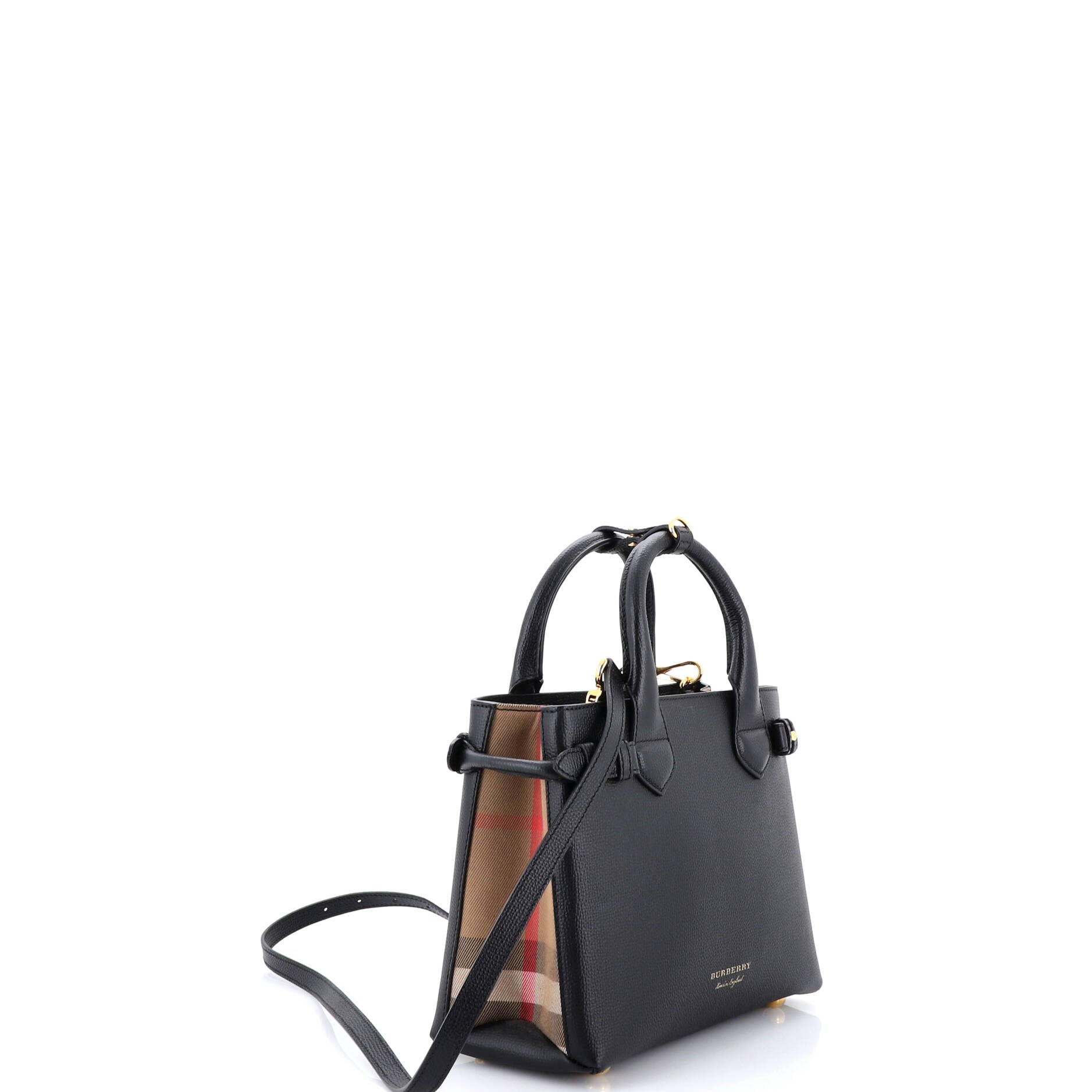 Pre Owned Burberry Banner Tote Leather and House Check Canvas Small