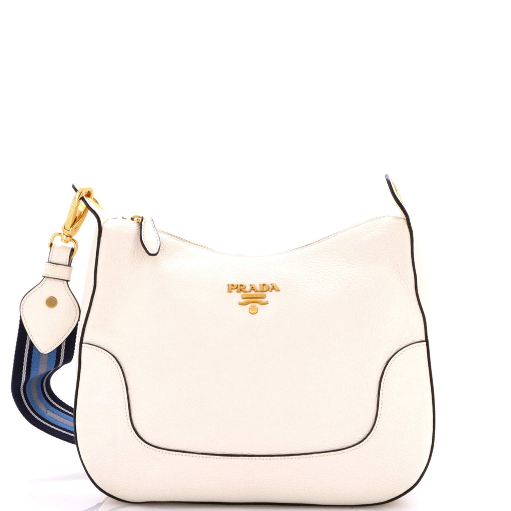 Pre Owned Prada Striped Strap Zip Hobo Vitello Daino Medium