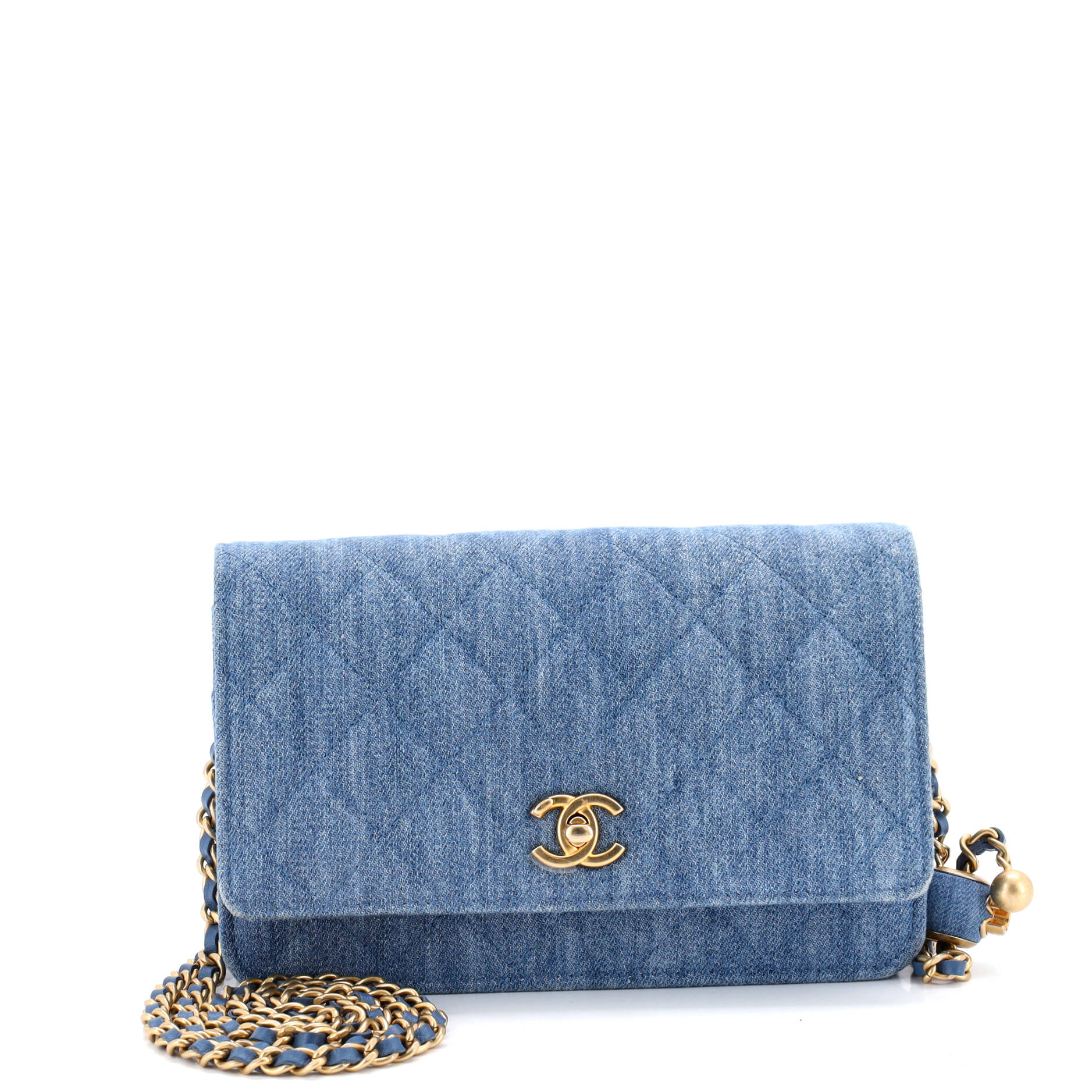 Pre Owned Chanel Pearl Crush Wallet on Chain Quilted Denim