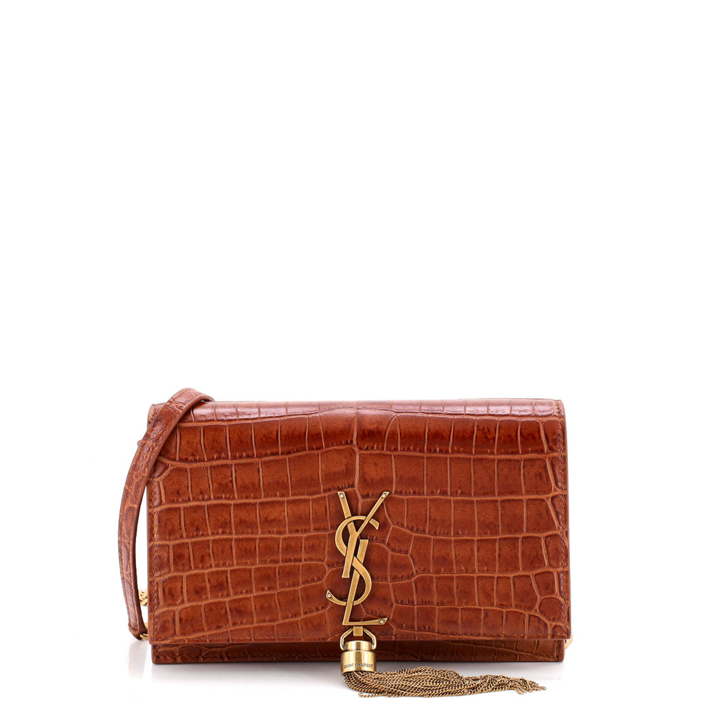 Pre Owned Saint Laurent Classic Monogram Tassel Chain Wallet Crocodile Embossed Leather
