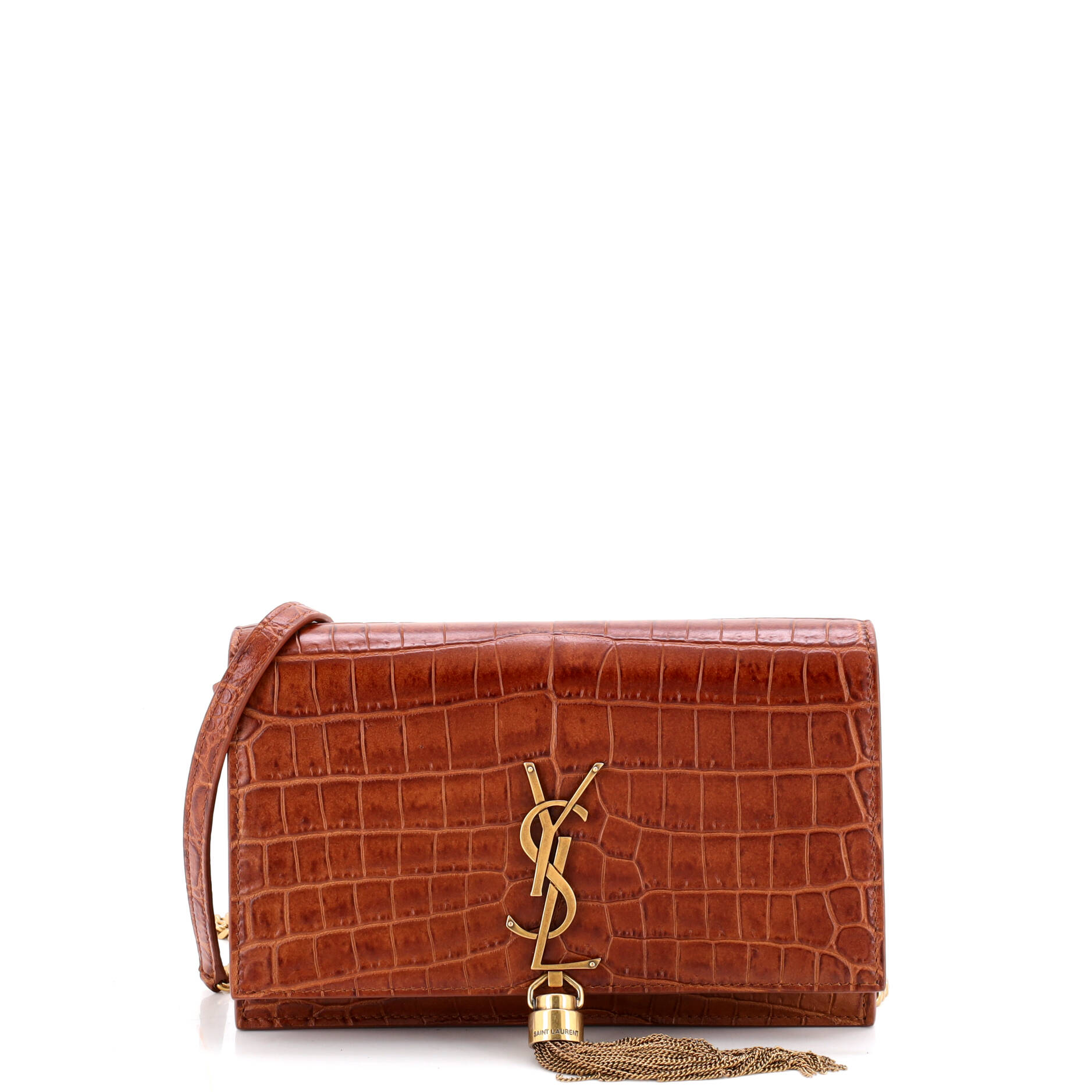 Pre Owned Saint Laurent Classic Monogram Tassel Chain Wallet Crocodile Embossed Leather