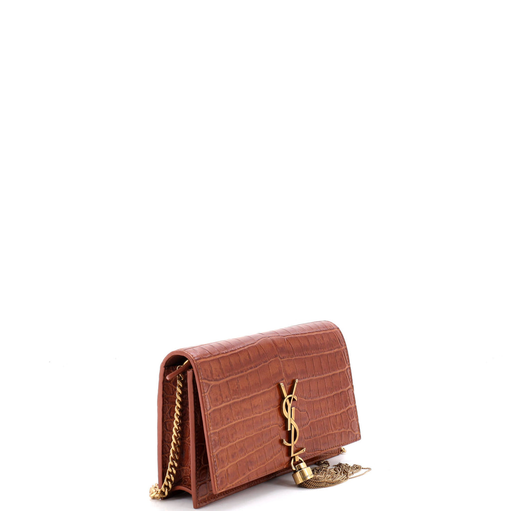 Pre Owned Saint Laurent Classic Monogram Tassel Chain Wallet Crocodile Embossed Leather