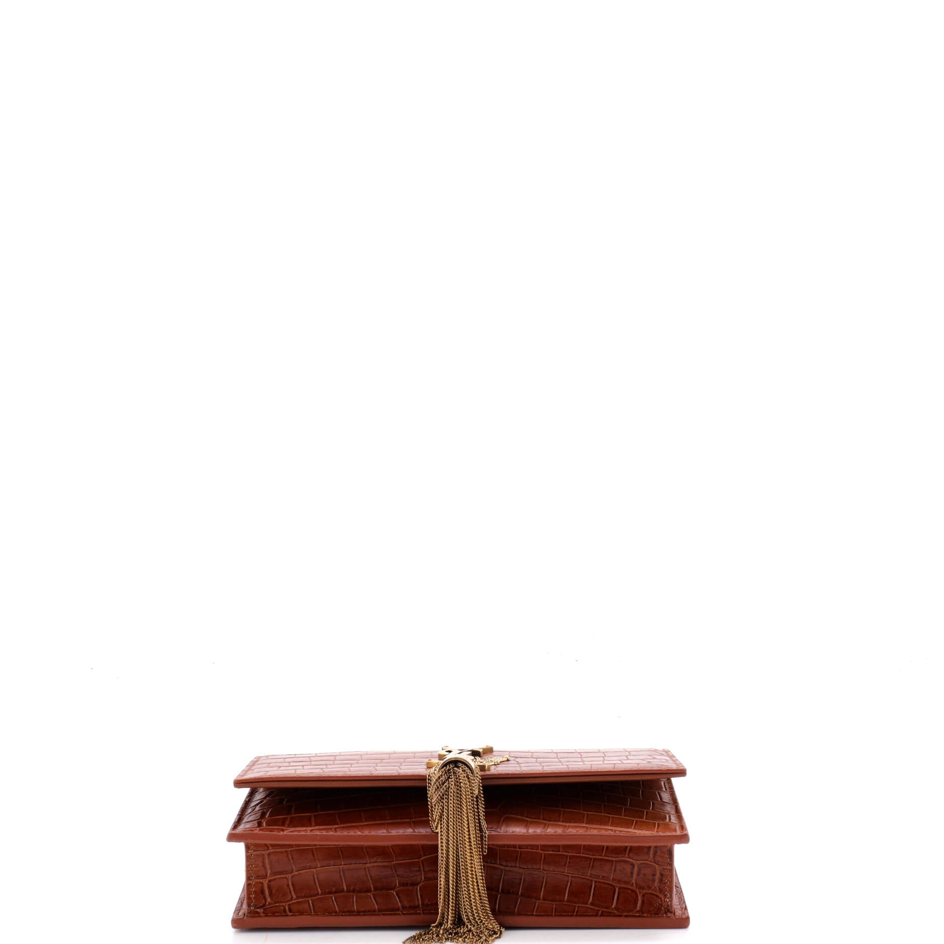 Pre Owned Saint Laurent Classic Monogram Tassel Chain Wallet Crocodile Embossed Leather