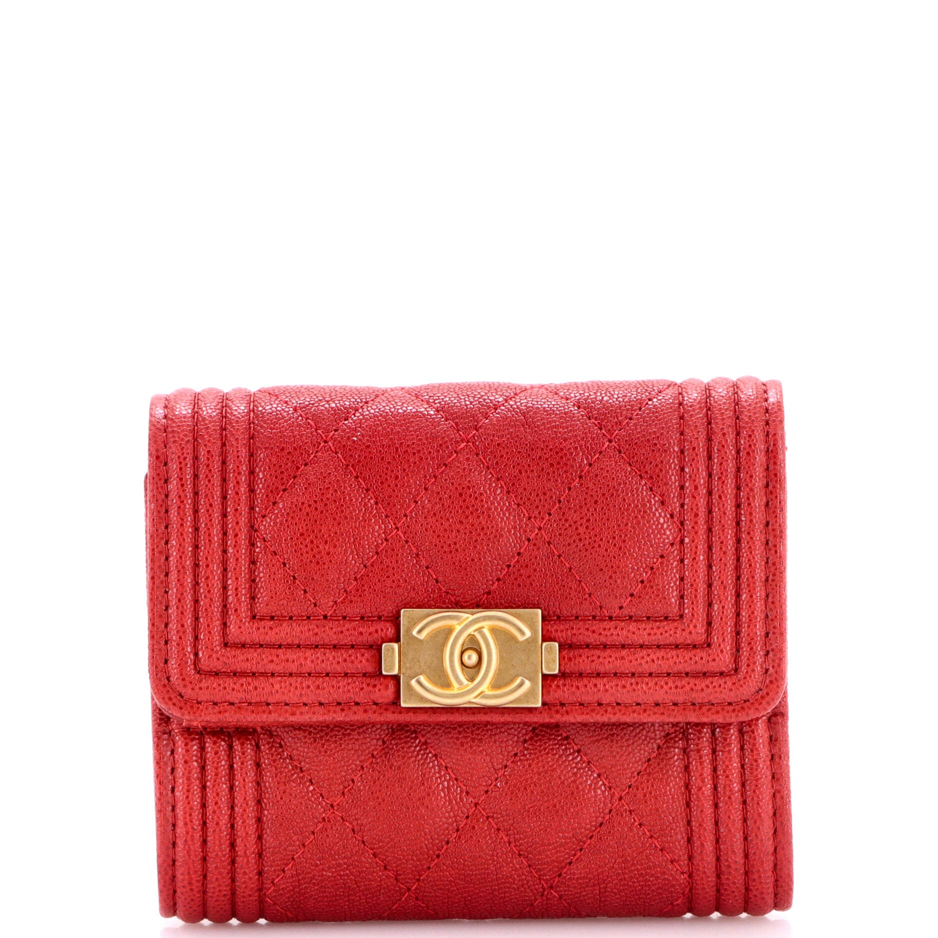 Pre Owned Chanel Boy Trifold Flap Wallet Quilted Caviar Small