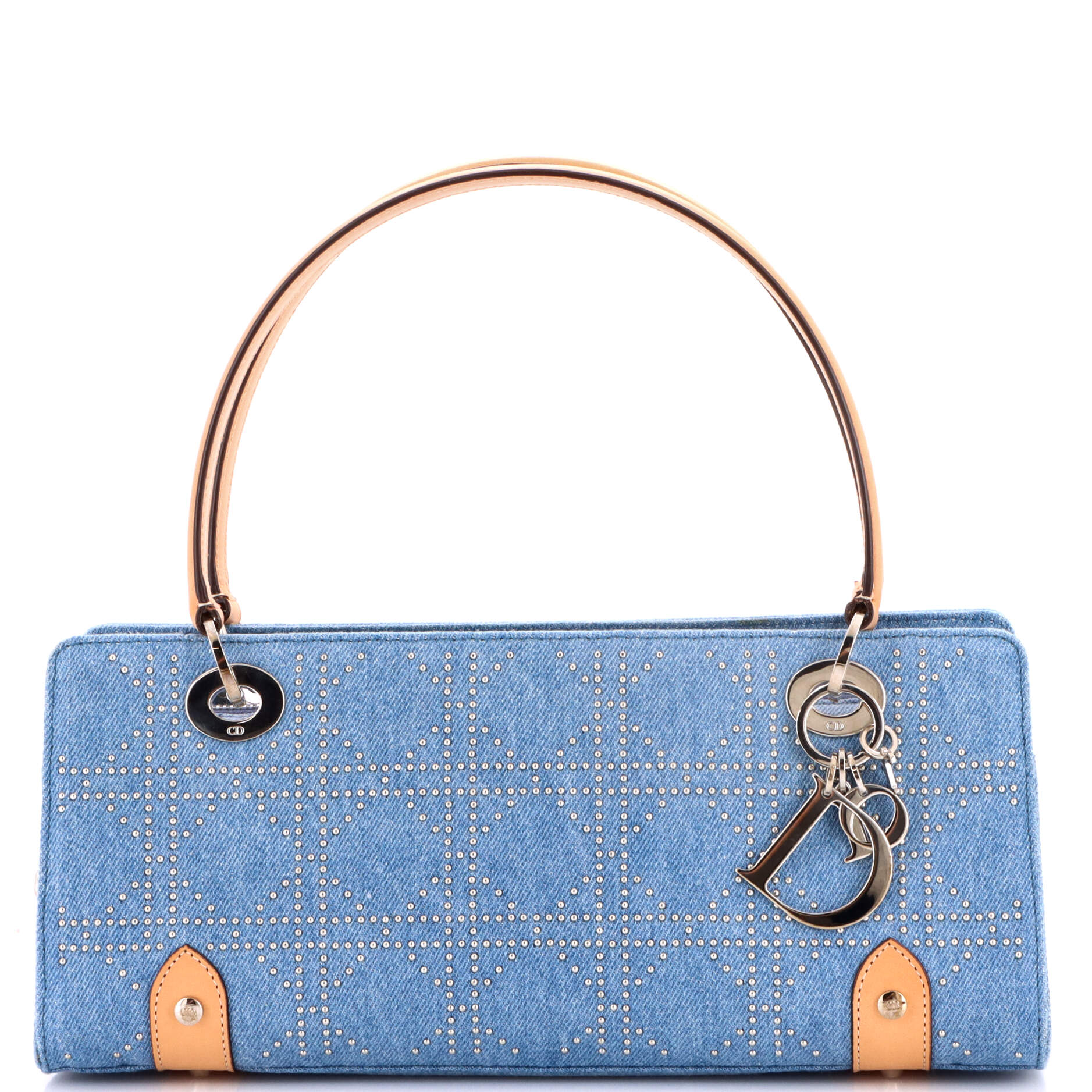Pre Owned Christian Dior East West Lady Dior Bag Cannage Studded Denim