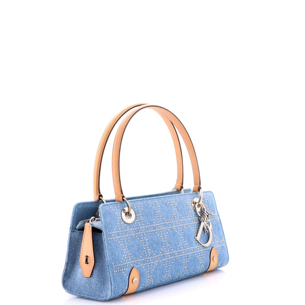 Pre Owned Christian Dior East West Lady Dior Bag Cannage Studded Denim