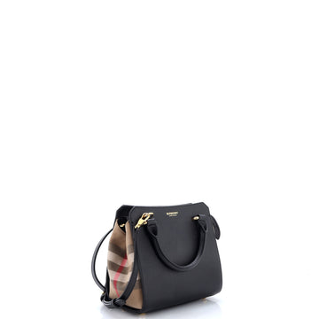 Pre Owned Burberry Banwell Tote Leather and House Check Canvas Mini