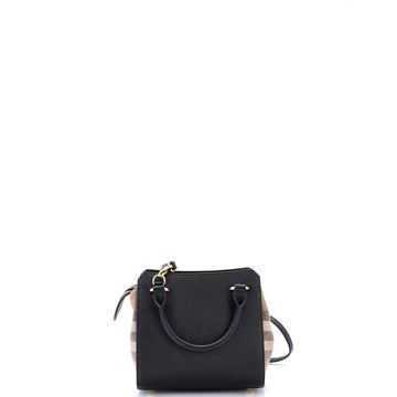 Pre Owned Burberry Banwell Tote Leather and House Check Canvas Mini
