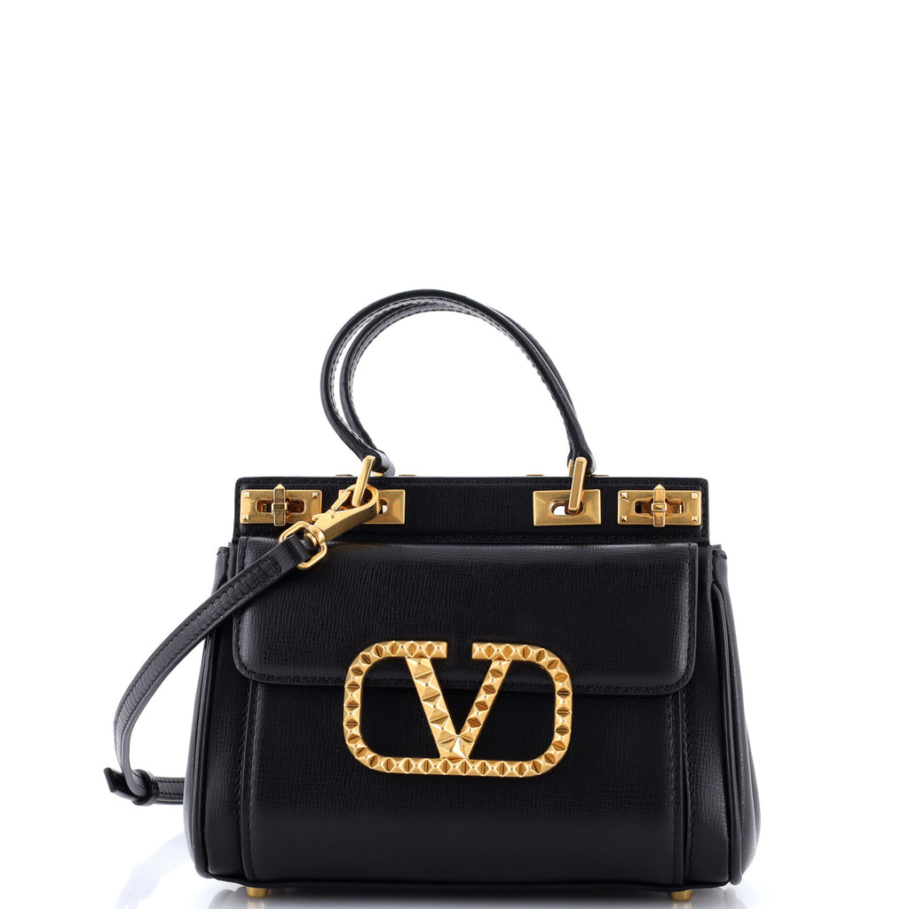 Pre Owned Valentino Garavani Rockstud Alcove Double Handle Bag Leather Small