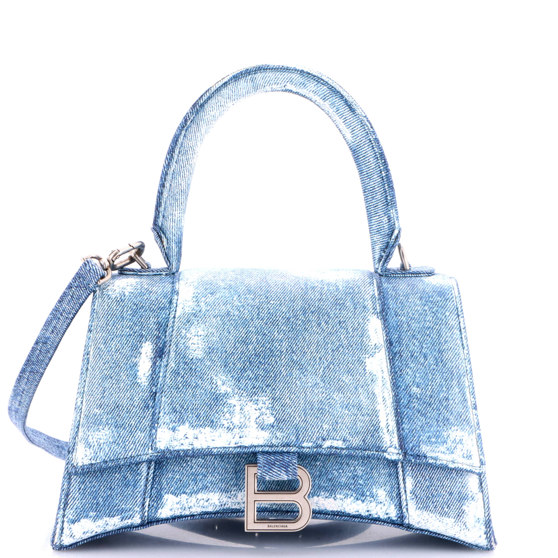 Pre Owned Balenciaga Hourglass Top Handle Bag Denim Printed Leather Small