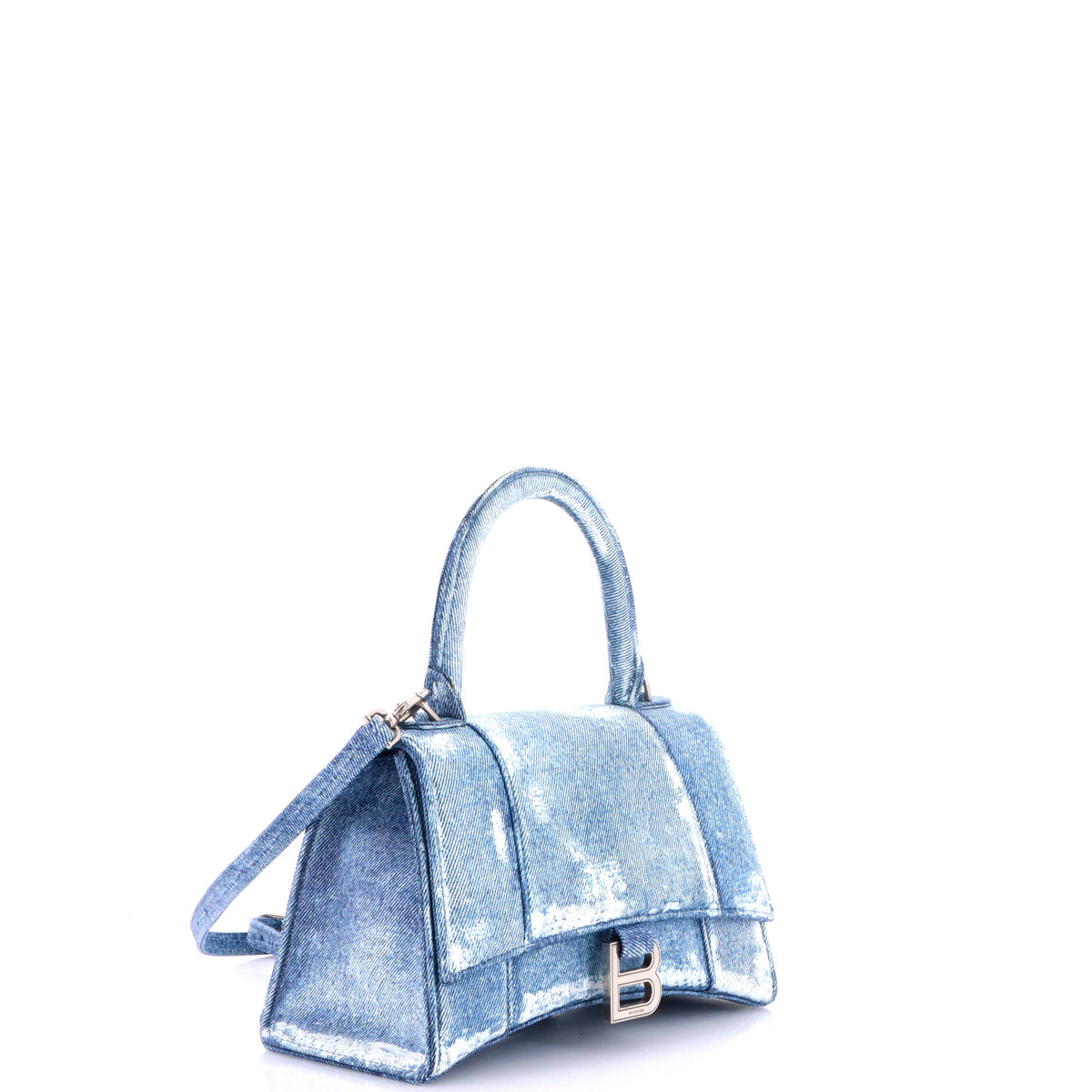 Pre Owned Balenciaga Hourglass Top Handle Bag Denim Printed Leather Small