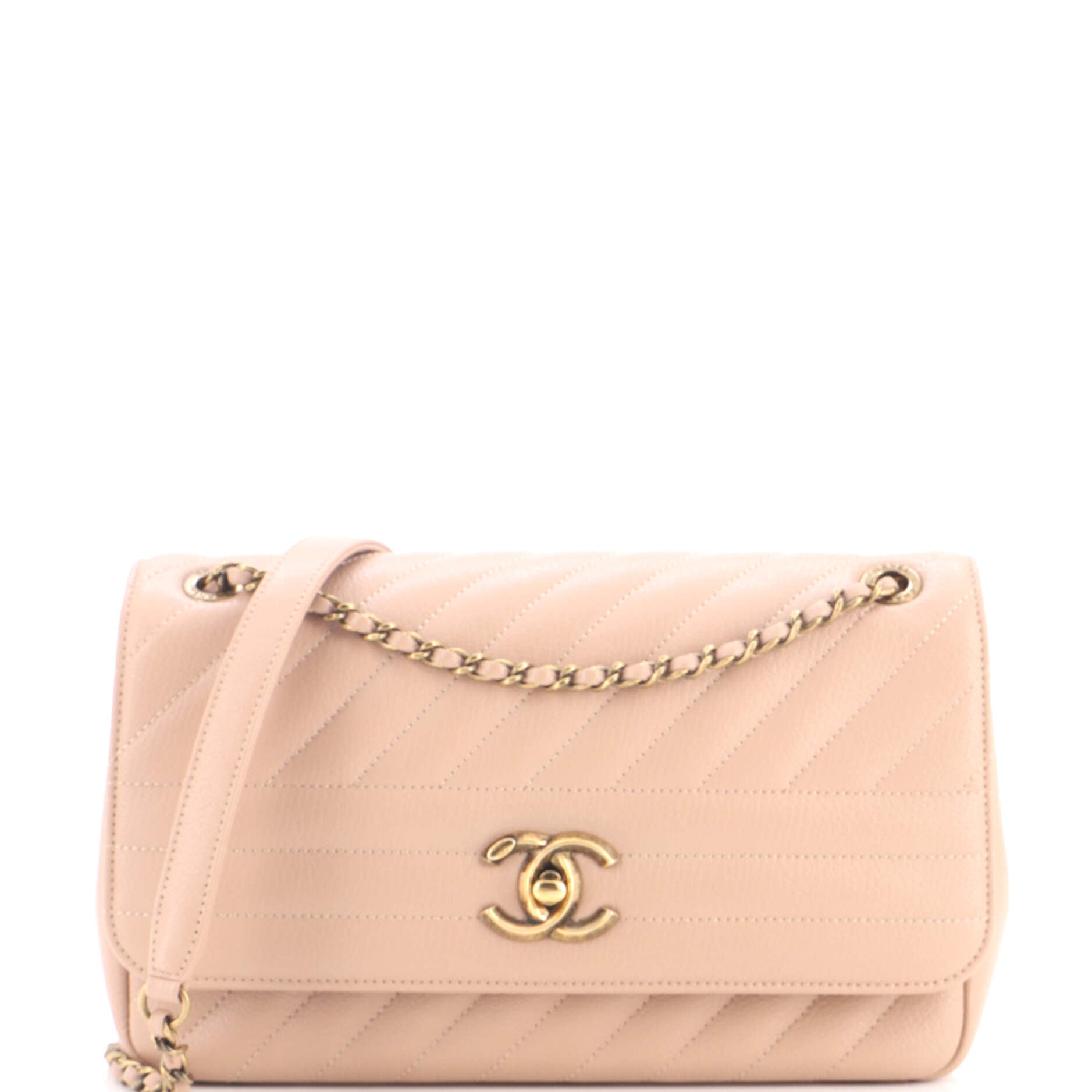 Pre Owned Chanel CC Flap Bag Diagonal Quilted Goatskin Medium