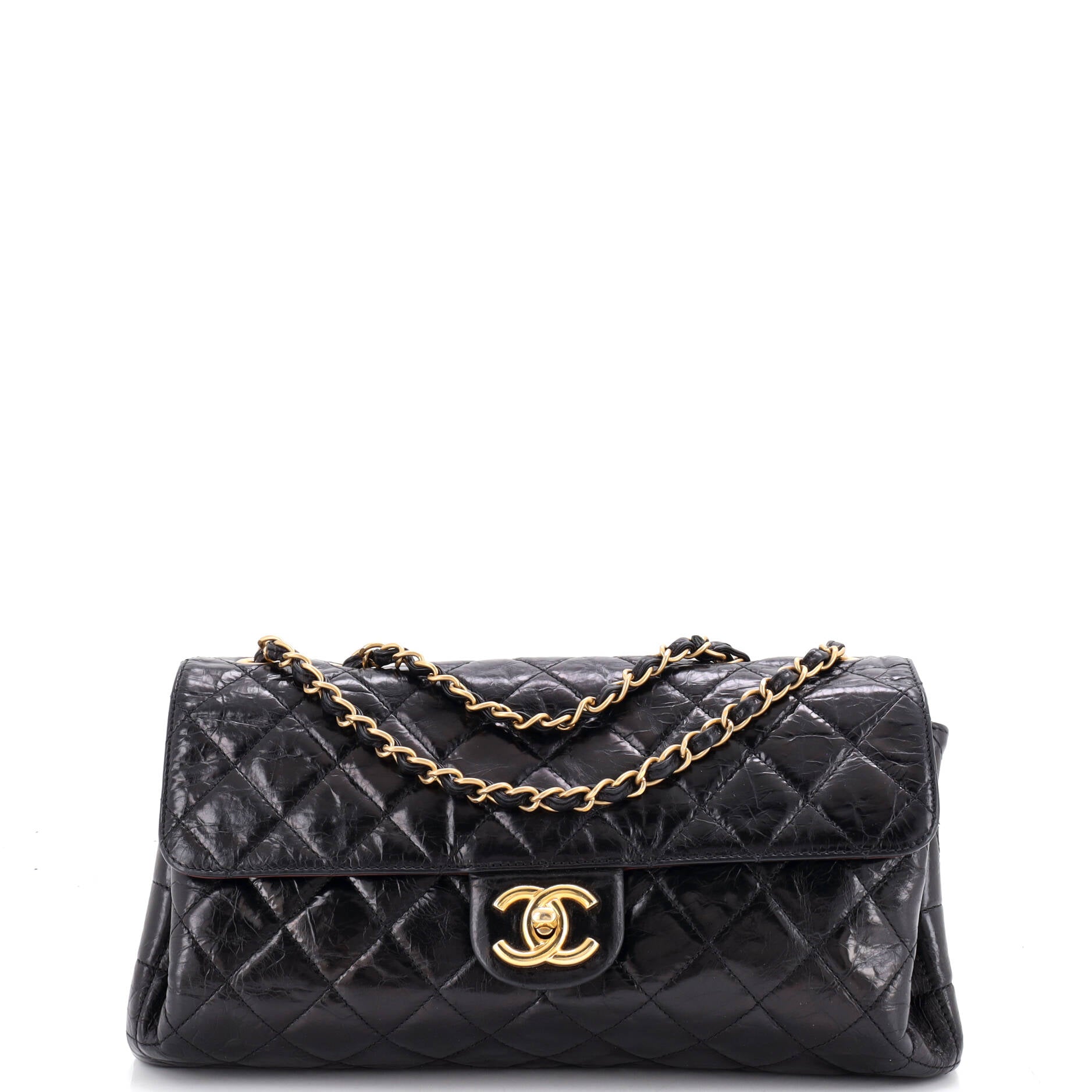 Pre Owned Chanel Clams Pocket Flap Bag Quilted Glazed Calfskin Jumbo