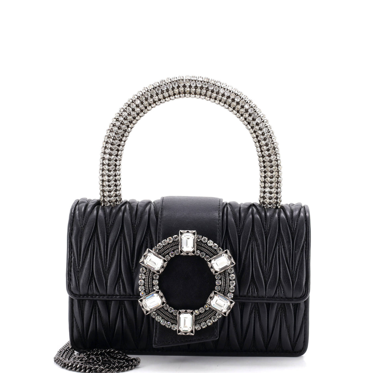 Pre Owned Miu Miu Crystal Buckle Top Handle Flap Bag Matelasse Leather Small