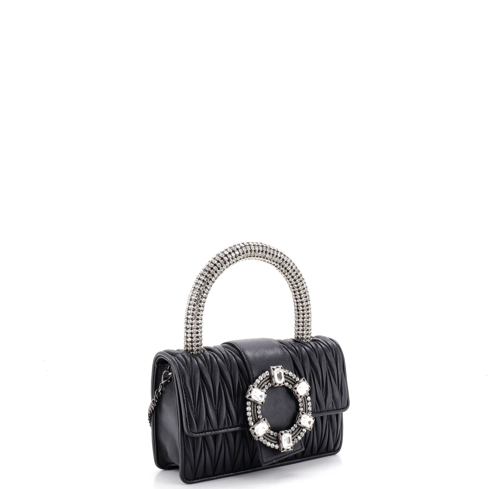 Pre Owned Miu Miu Crystal Buckle Top Handle Flap Bag Matelasse Leather Small