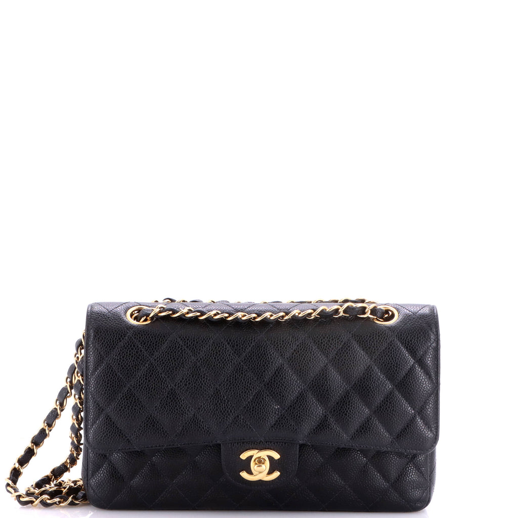 Pre Owned Chanel Vintage Classic Double Flap Bag Quilted Caviar Medium
