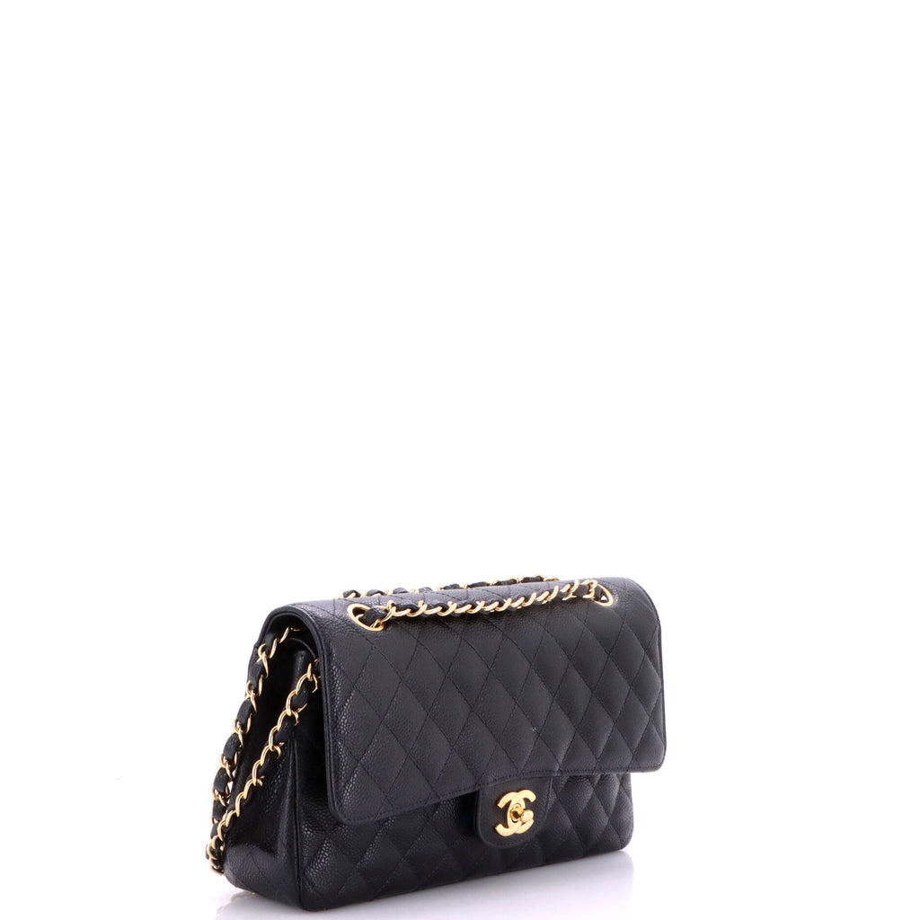 Pre Owned Chanel Vintage Classic Double Flap Bag Quilted Caviar Medium