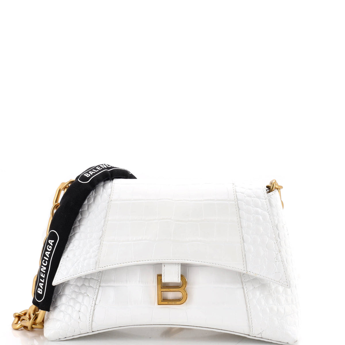 Pre Owned Balenciaga Downtown S Chain-Handle Shoulder Bag Crocodile Embossed Leather Small