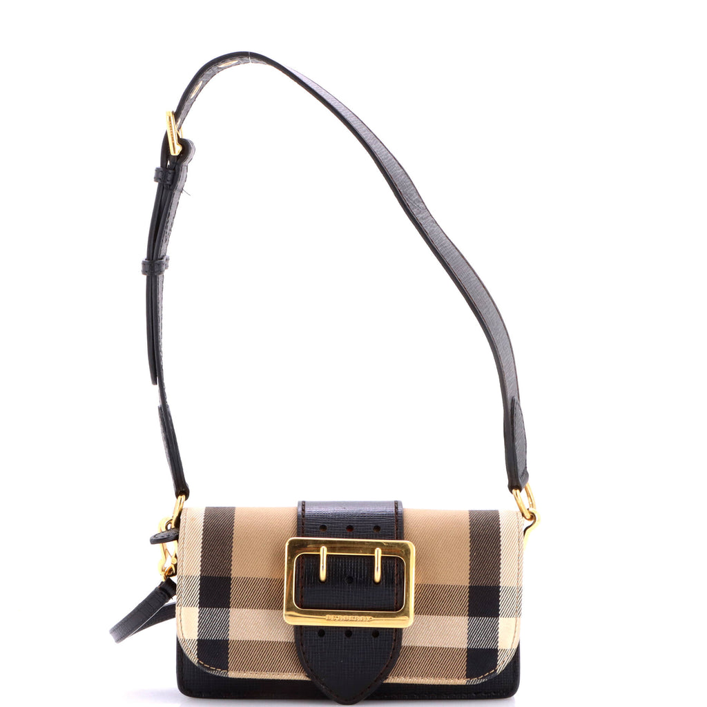 Pre Owned Burberry Madison Buckle Flap Bag House Check Canvas and Leather Small