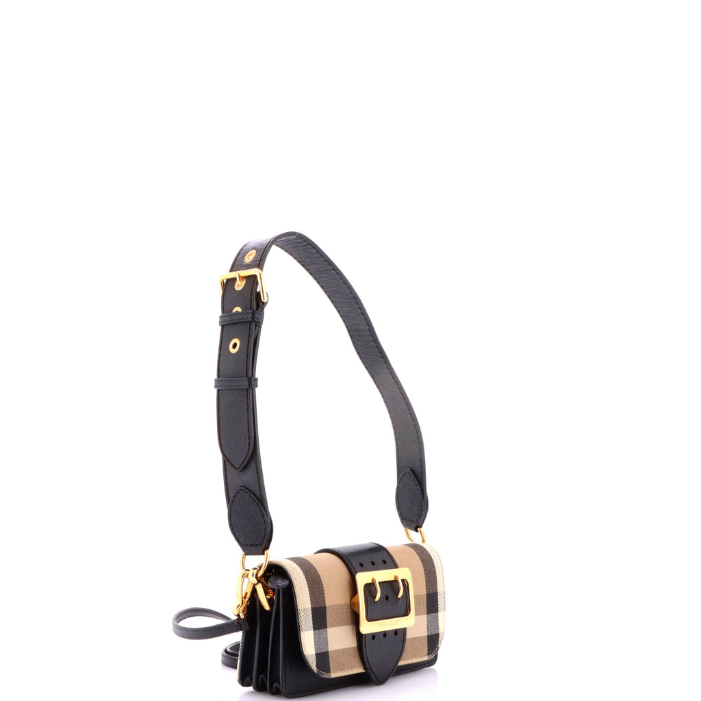Pre Owned Burberry Madison Buckle Flap Bag House Check Canvas and Leather Small
