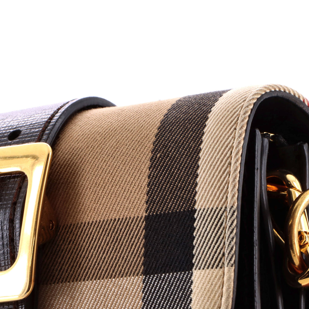 Pre Owned Burberry Madison Buckle Flap Bag House Check Canvas and Leather Small