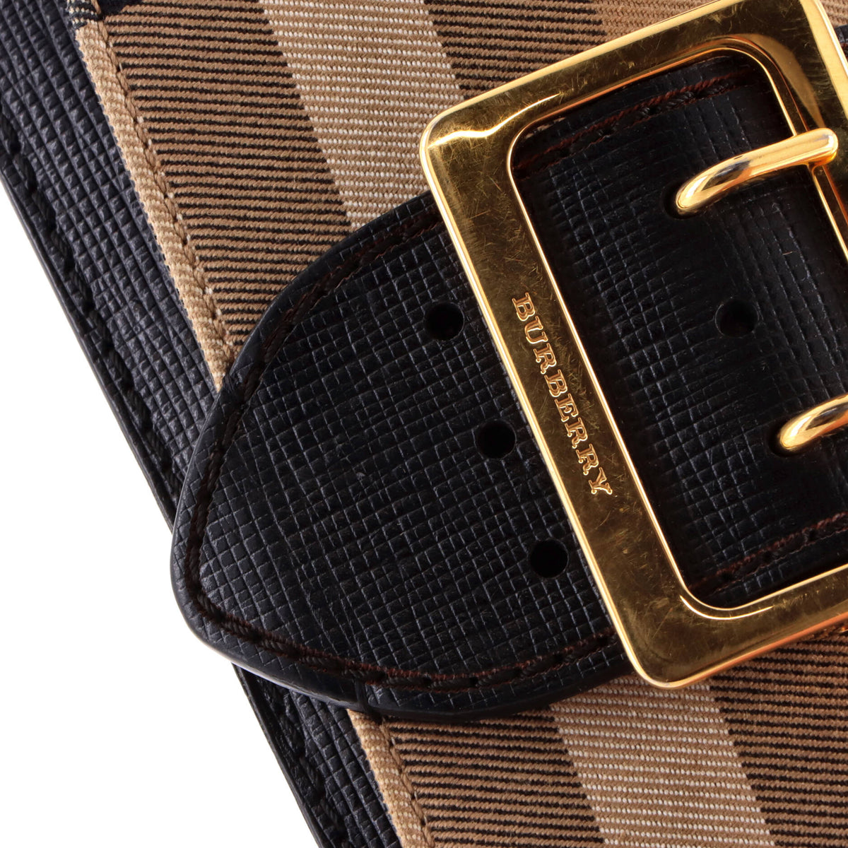 Pre Owned Burberry Madison Buckle Flap Bag House Check Canvas and Leather Small