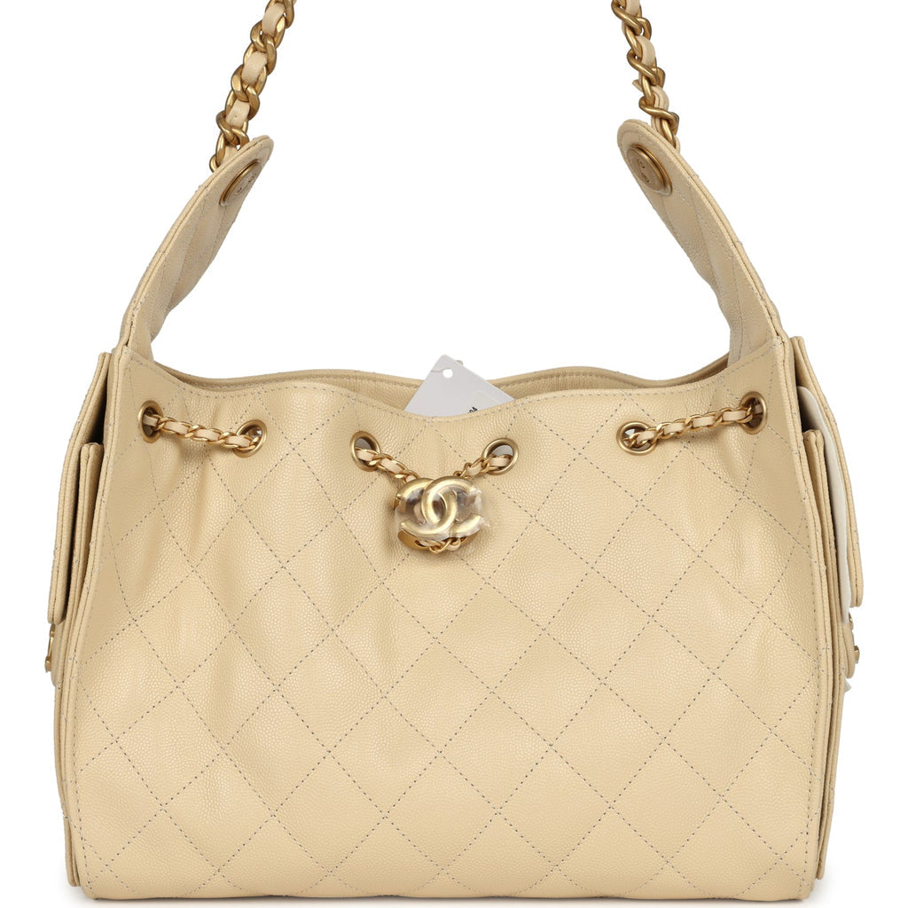 Pre Owned Chanel Small 25 Hobo Bag Light Beige Caviar