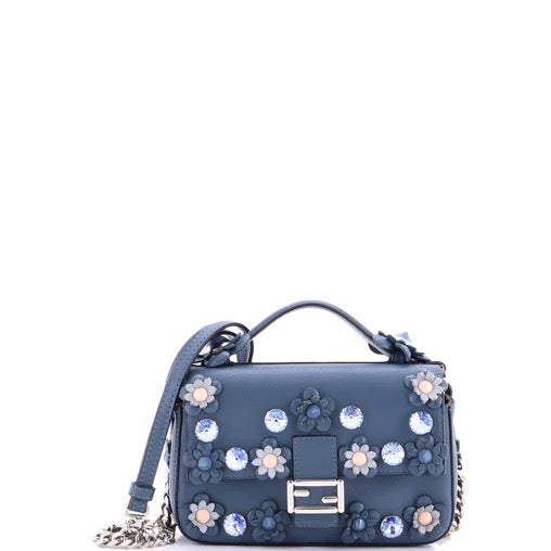 PRE OWNED Fendi Flowerland Double Baguette Crossbody Bag Embellished Leather Micro